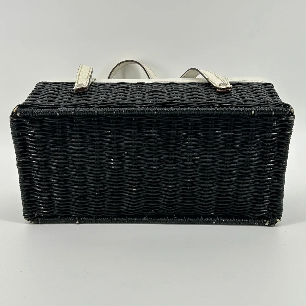Vintage Kate Spade New York Black Wicker Basket White Leather Bag Polka Dot - Picture 16 of 16
